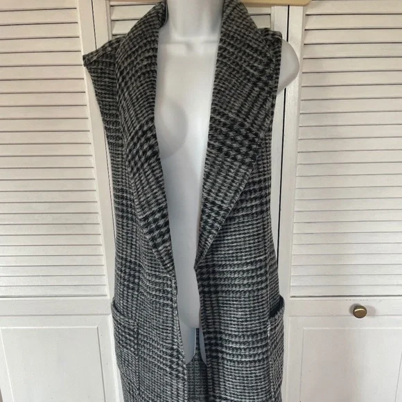 Black Gray Plaid Long Vest Plus Size XXL - Picture 4 of 12